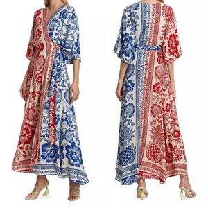 Farm Rio Pineapple Garden Floral Wrap Maxi Dres RED/BLUE